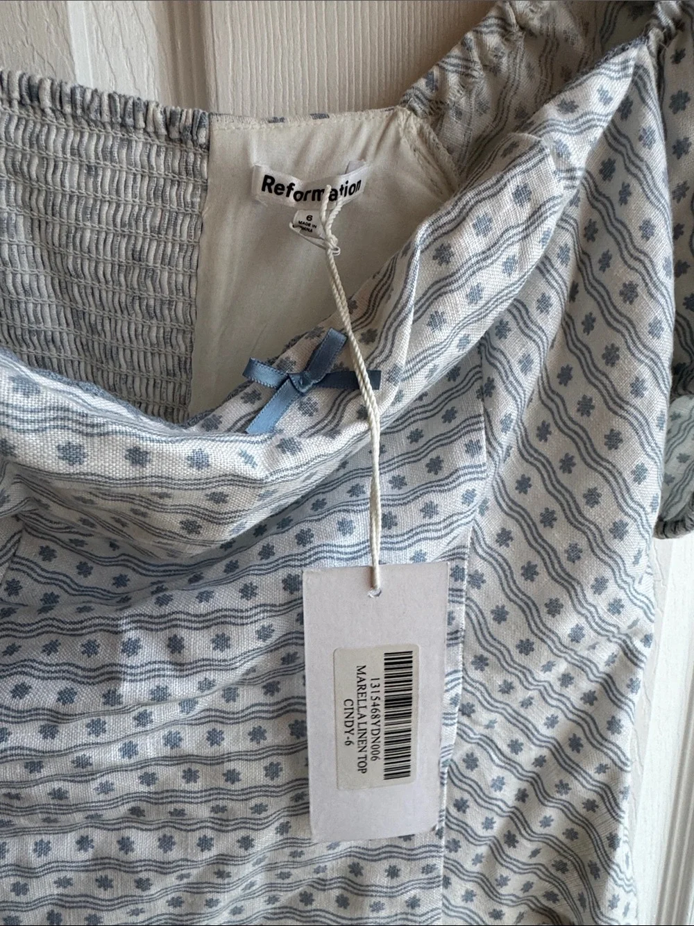 Reformation Blue and White Puff-Sleeve Off-Shoulder Top